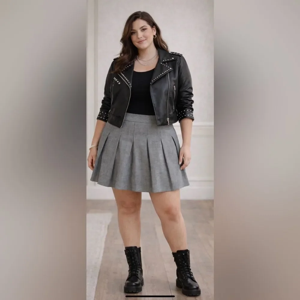 STORIA Micro Houndstooth Pleated Mini Skirt Large Black White Party